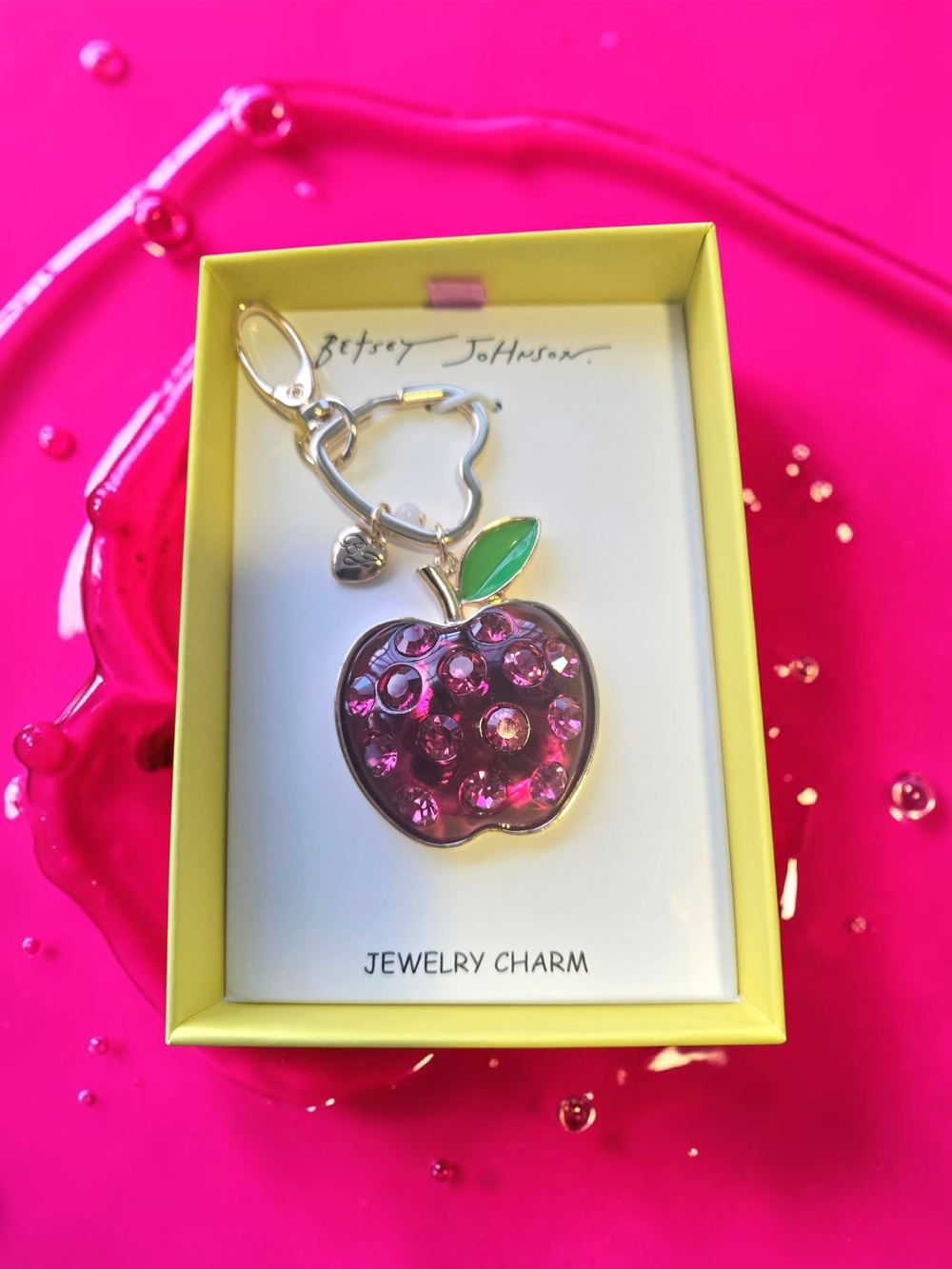 NEW Betsey Johnson Crystal Apple Bag Charm Key Fob Charm 3.25 Inches  New In Box